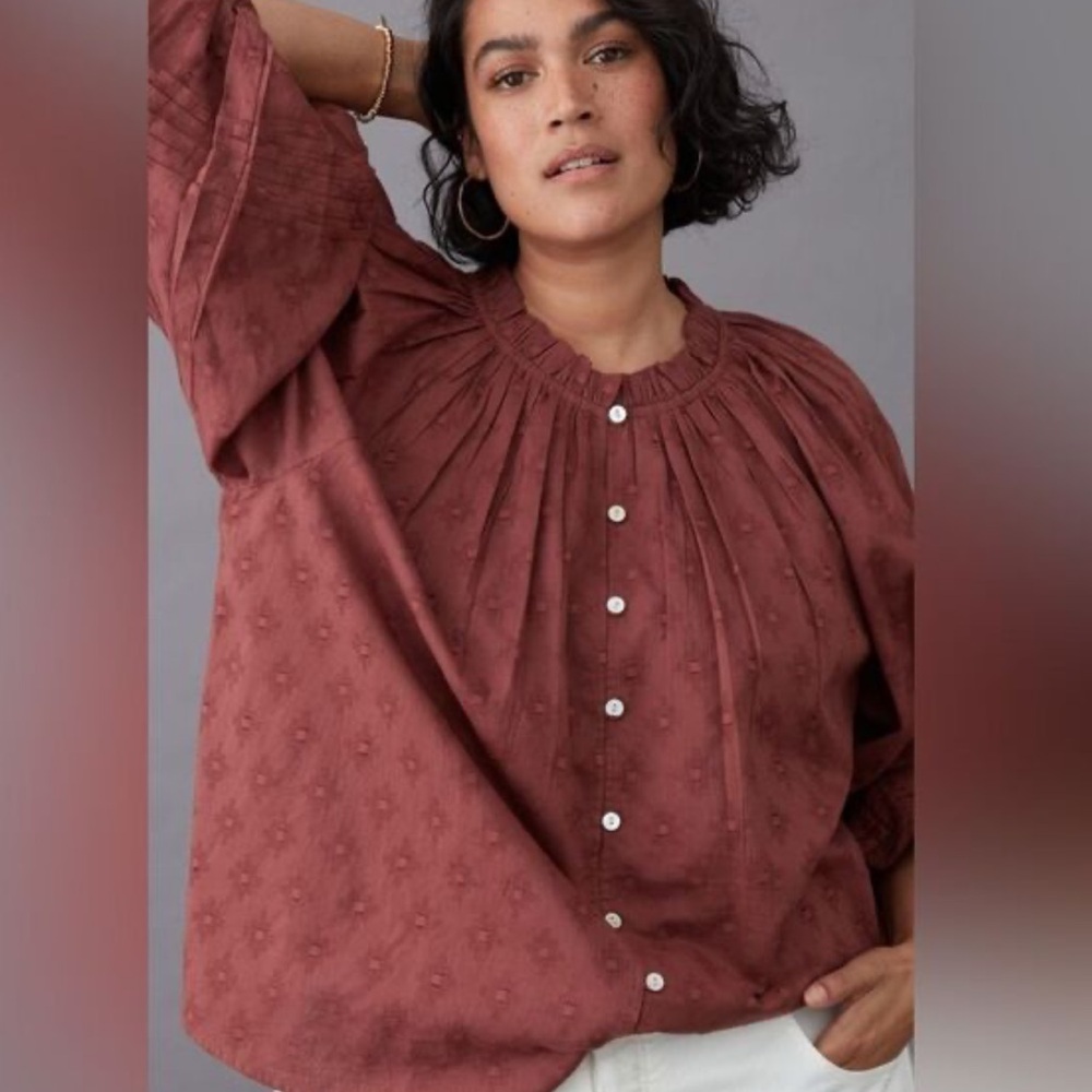 Cleobella Rust Red Embroidered Button-Front Blouse